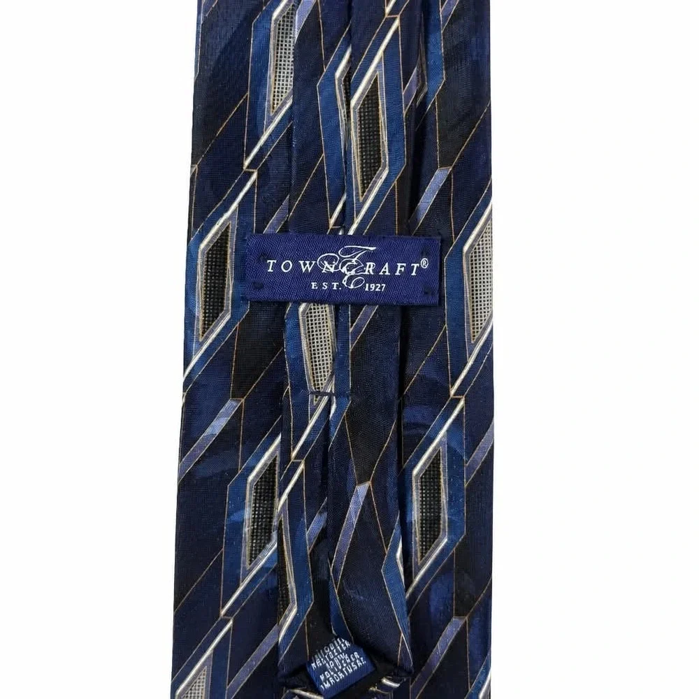 Vintage Towncraft Clip On Tie Mens Blue Gray Gold Geometric Abstract Polyester
